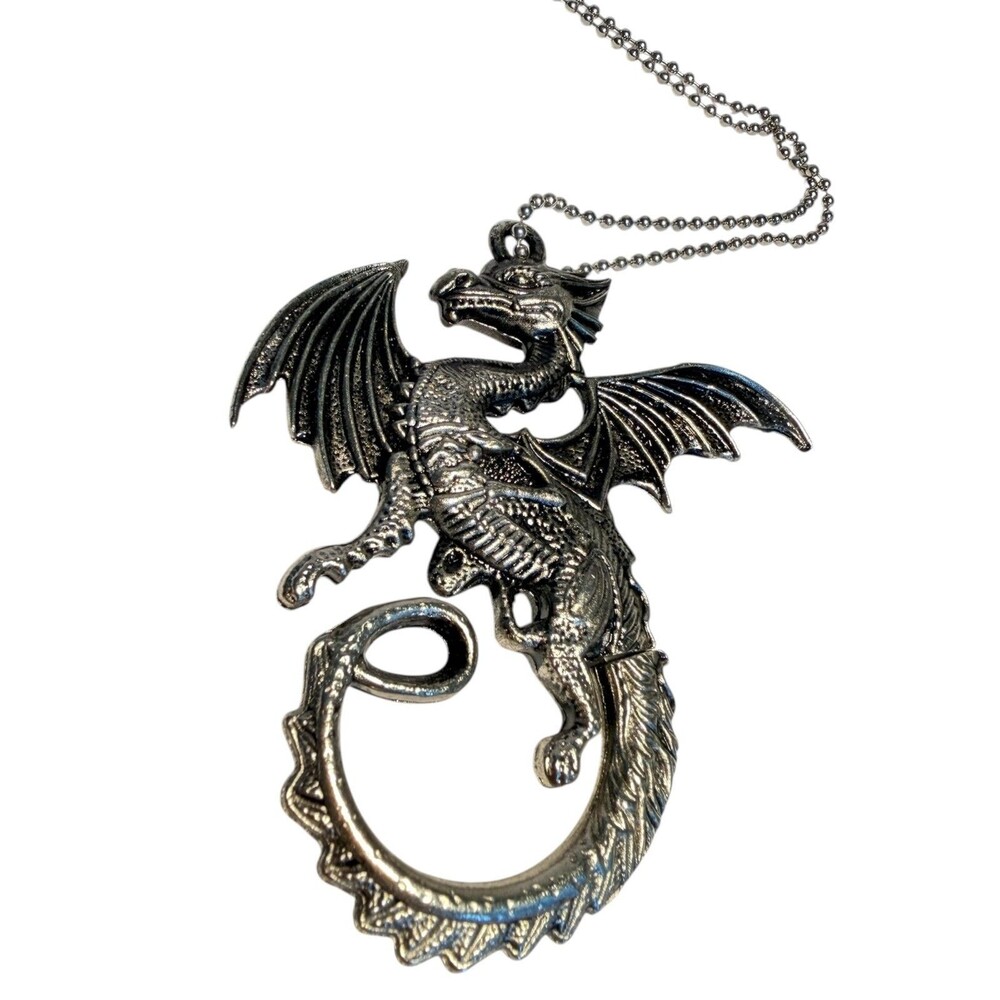 Vintage Silver Tone Flying Winged Dragon Mythical Creature Celestial Necklace